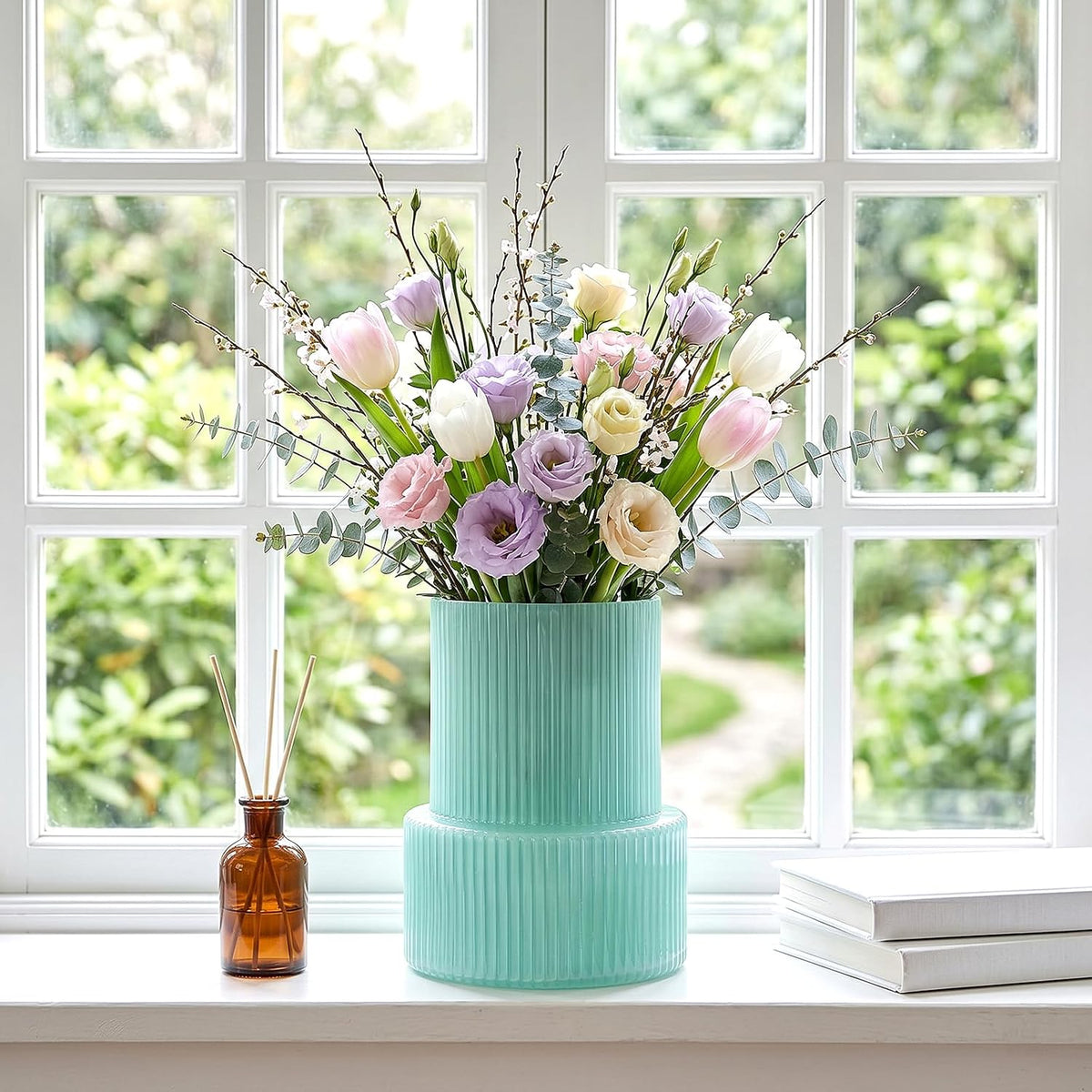 Green Ribbed Glass Vase, Modern Design Flower Vase