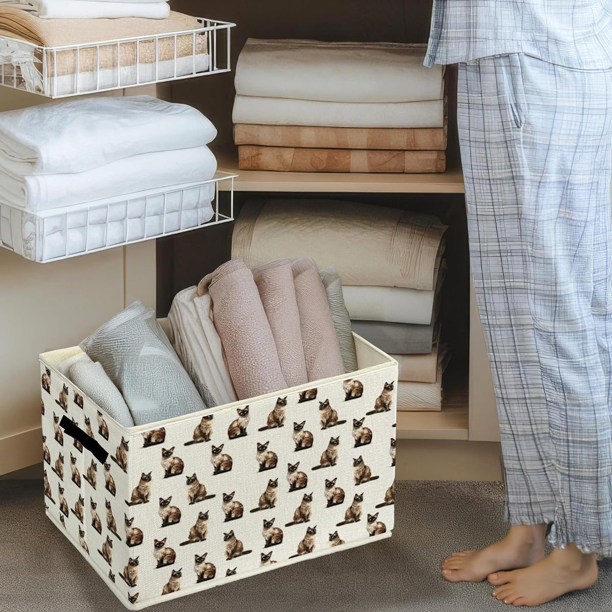 Siamese Cat Gifts Storage Bins & Boxes with Handles, Cat Mom Lovers Gifts Foldable Basket for Organizing, Gift for Pet Lovers Collapsible Storage Basket for Bedroom Bathroom Clothes Toys Books