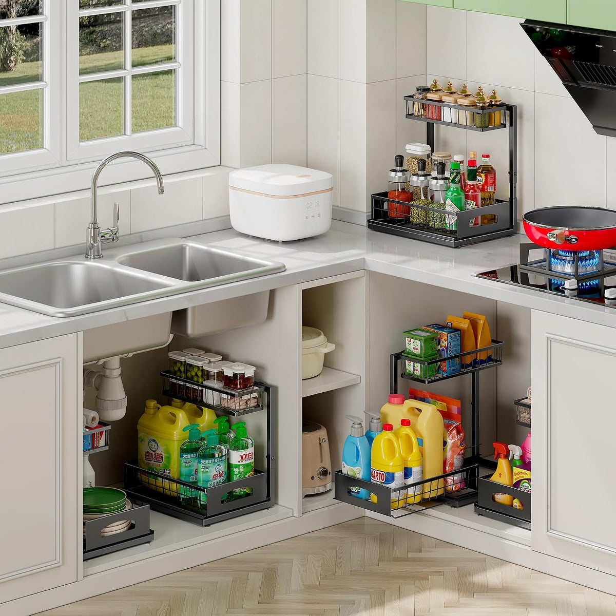 Under Sink Organizer, 1-Pack L-Shaped Metal Pull-Out Drawers for Kitchen
