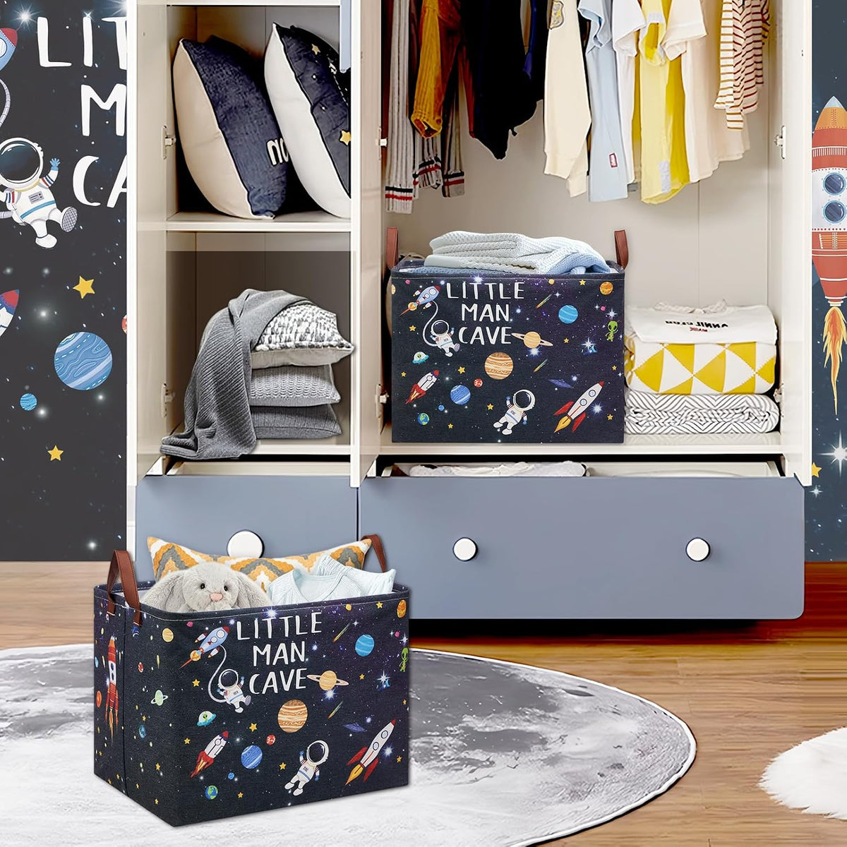 Outer Space Room Decor Basket, Astronaut Storage Basket with Inspirational Quotes,Planets Boy Room Decor Shelf Hamper ,Rectangular Clothes Book Toy Storage Bin (Black)
