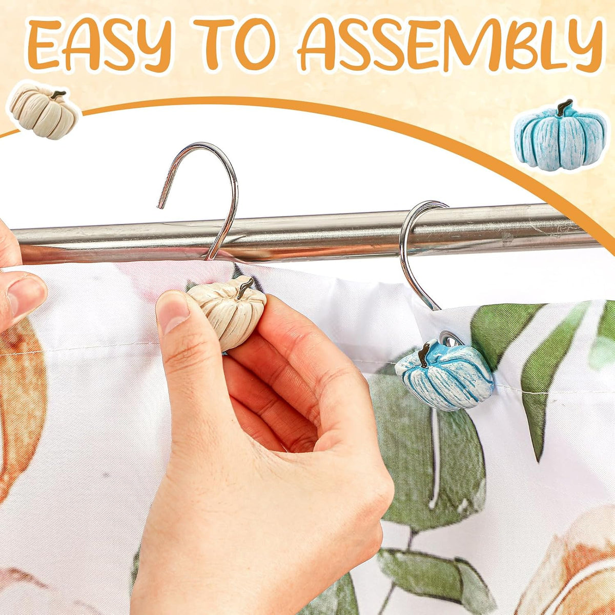Reallnaive 12 Pcs Pumpkin Fall Shower Curtain Hooks Farmhouse, Blue