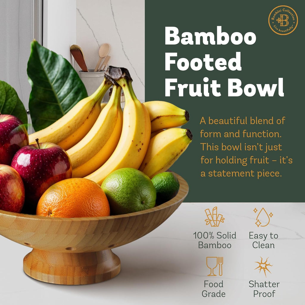 Wooden Fruit Bowl for Kitchen Counter, Bamboo Pedestal Fruit Basket, Vented