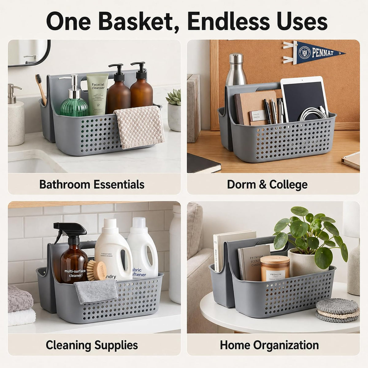 Haundry Portable Shower Caddy Basket, 2 Compartments Plastic Cleaning Caddy Organizer, Large Storage Tote with Handle for Bathroom, College, Dorm Room Essentials, Grey