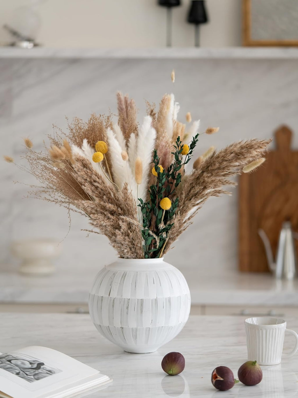 Natural Dried Pampas Grass Bouquet (103-Piece) for Boho Wedding & Home Decor - Farmhouse Centerpiece with Eucalyptus, White/Brown, 14-17 Inches