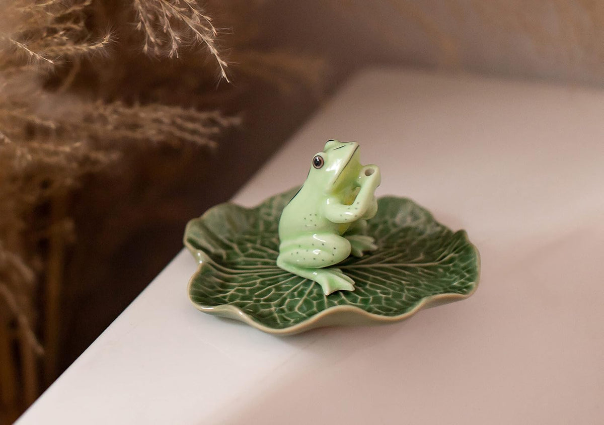 2" Light Green Frog On 4" Wide Lotus Leaf Ceramic Incense Stick Holder Artistic Collectible Figurine for Adult Collectors Interior Accent Gift Handcrafted Porcelain Home Room Decor