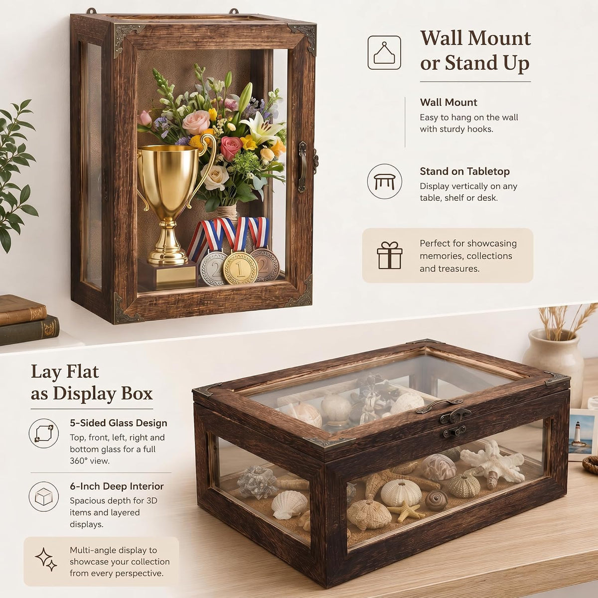 Shadow Box Display Case 11x14, 6.2" Deep, 5-Sided Glass, Solid Wood