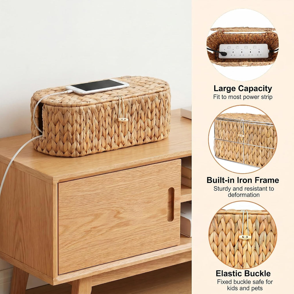 Set of 2 Cable Management Box, Handwoven Cord Hider Box with 3 Open Slots