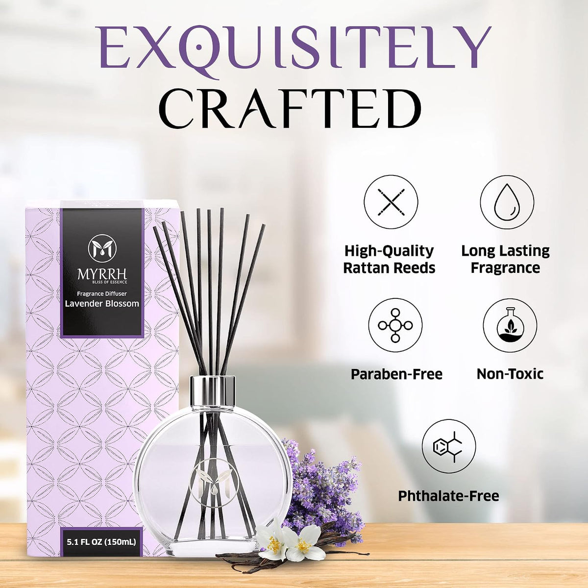 Lavender Blossom Scented Reed Diffuser Set with 8 Rattan Diffuser Sticks, 150 ml, All Natural Air Freshener, Long-Lasting Diffusers at Home - MyrrhUSA