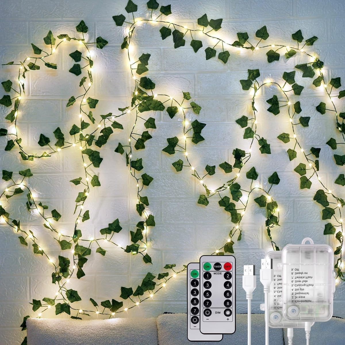 OMIKA 2 Pack 40FT 120LED Vine Fairy Lights Battery Operated, 8 Modes & Timer Ivy String Lights with Remote, Green Leaf Light for Indoor Bedroom Classroom Wall Garden Party Wedding Decor (Warm White)