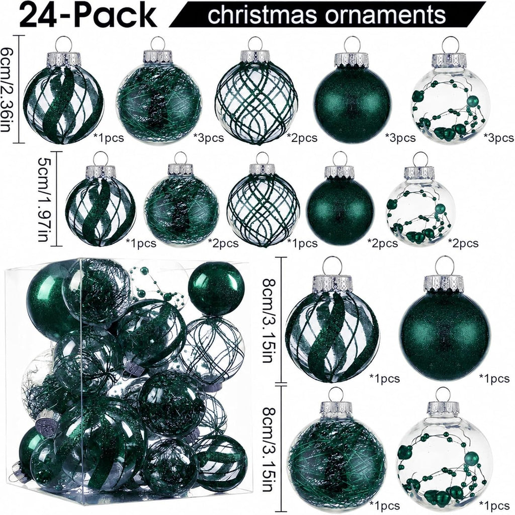 Shatterproof Christmas Ball Ornaments,Clear Plastic Decorative Christmas Balls Hanging Xmas Tree Baubles Set with Stuffed Delicate Glittering Decorations… (Dark Green)