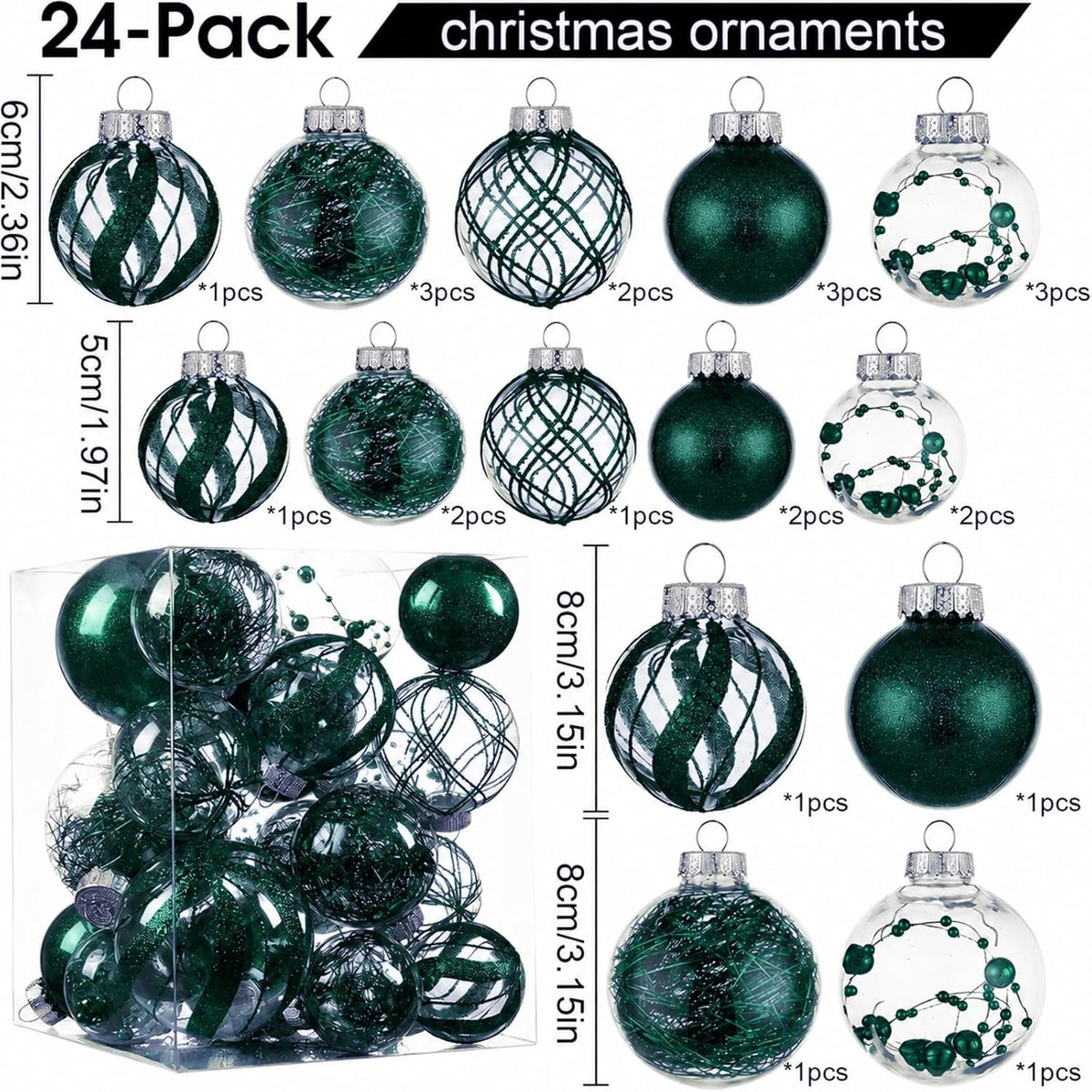 Shatterproof Christmas Ball Ornaments,Clear Plastic Decorative Christmas Balls Hanging Xmas Tree Baubles Set with Stuffed Delicate Glittering Decorations… (Dark Green)