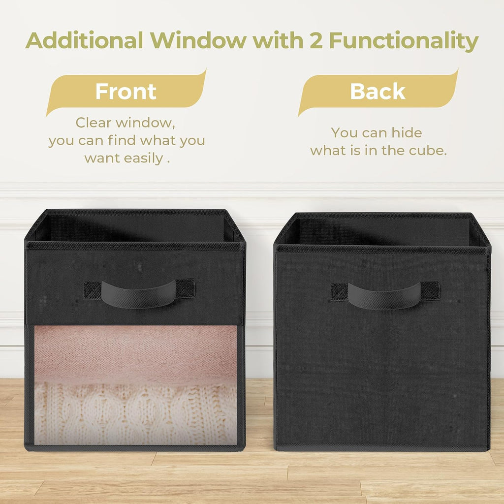 Storage Cubes with Clear Window, 11" Storage Bins, Foldable Cube Storage Box, Fabric Closet Organizers with Handles for Home, Office, Shelf, Closets, Living Room, Black, 6 Pack