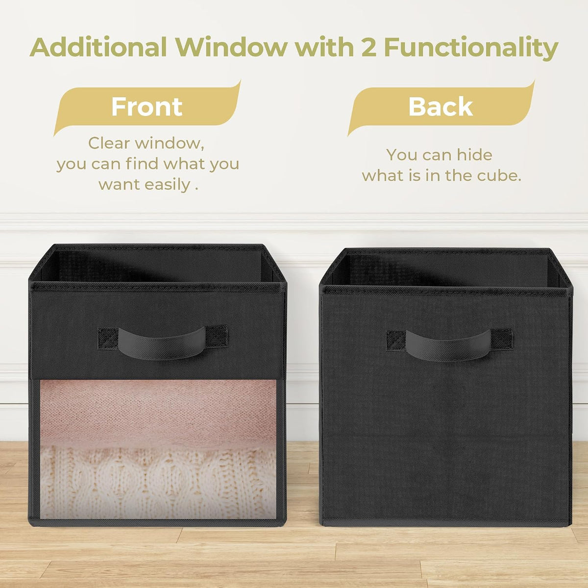 Storage Cubes with Clear Window, 11" Storage Bins, Foldable Cube Storage Box, Fabric Closet Organizers with Handles for Home, Office, Shelf, Closets, Living Room, Black, 6 Pack