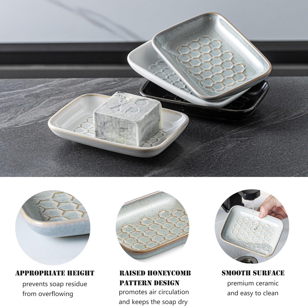 Gomakren Ceramic Soap Dish for Shower, Honeycomb Soap Tray 5.5 Inch, Gray