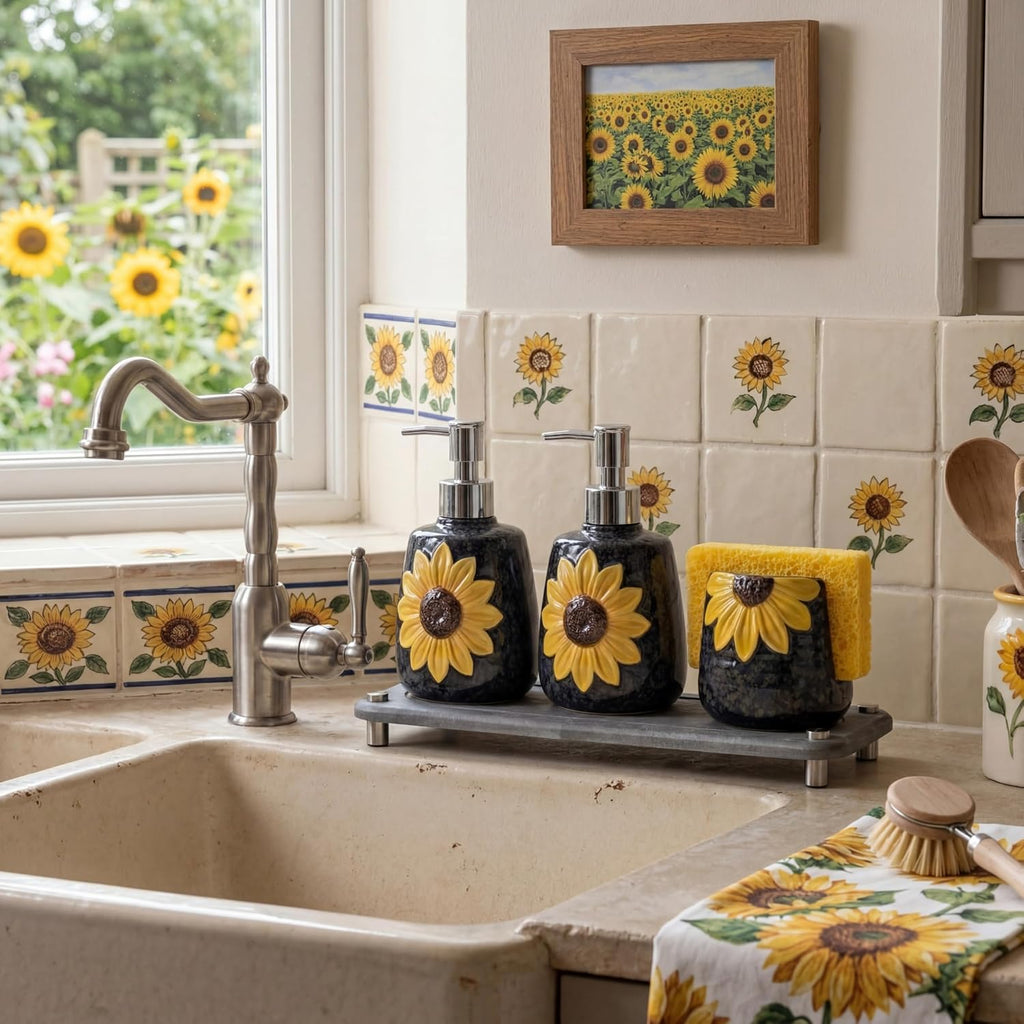 4 Pcs Sunflower Kitchen Decor Ceramic Soap Dispenser Set