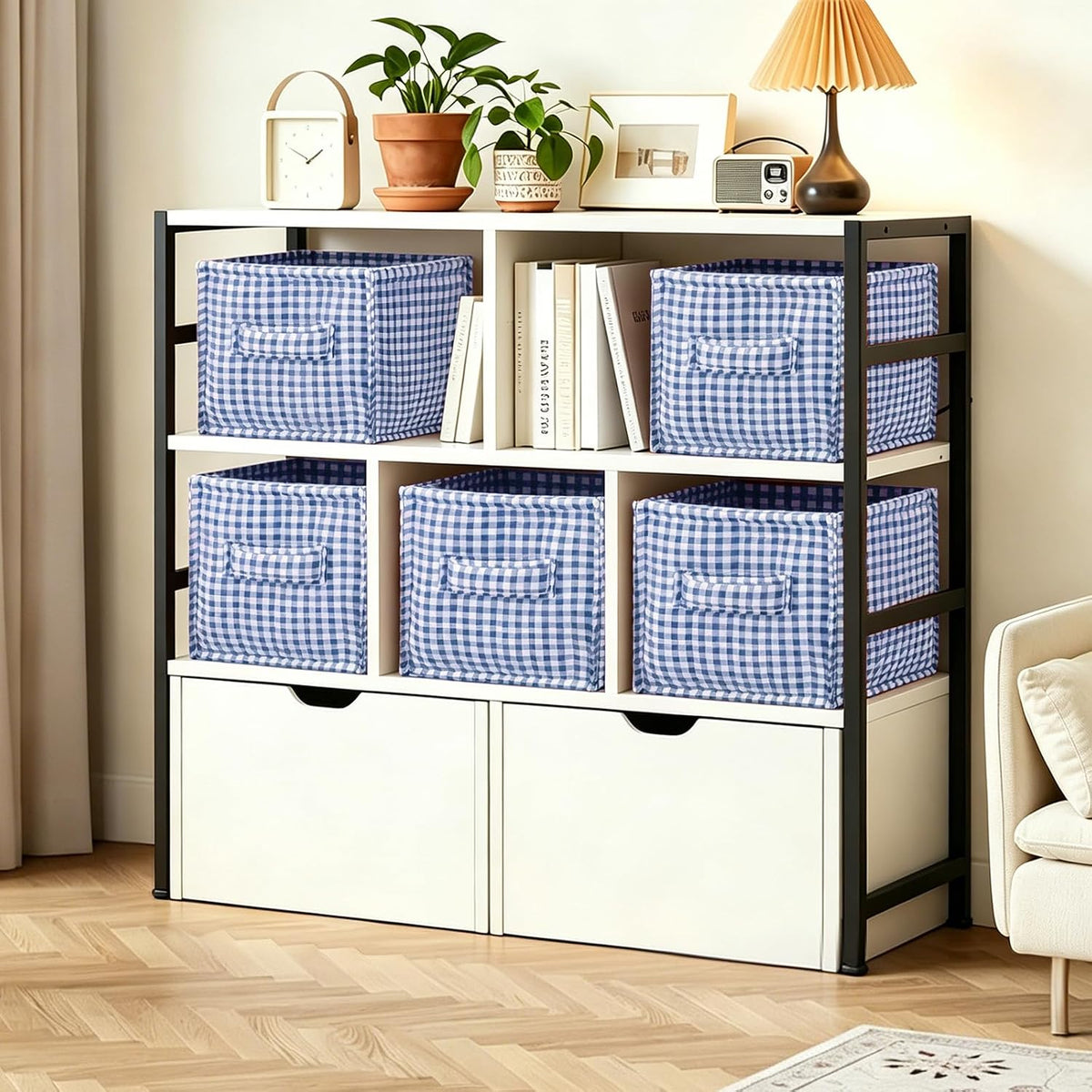 vctops Blue Gingham Storage Cubes Organizer, 11.4 Inch 3 Pack Collapsible Fabric Storage Bins with Handles for Organization, Closet, Shelves, Offices, Toys (Blue,11.4"x11.4"x11.4")