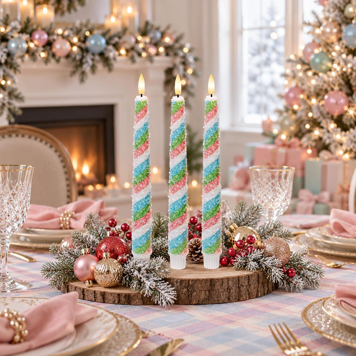 Candy Cane Flameless Taper Candles with Remote, Pastel Christmas Decoration