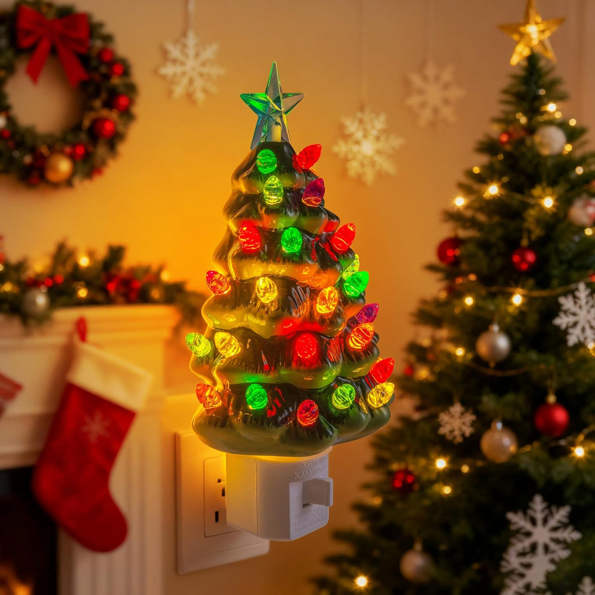 JOYIN 5.5" 2 Pcs Ceramic Xmas Tree Night Lights, Classic Christmas Decor Night Lights with 54 LEDs, Mini Tree Lights Plug in Christmas Decoration, Bedroom Living Room Hallway Holiday Indoor Decor