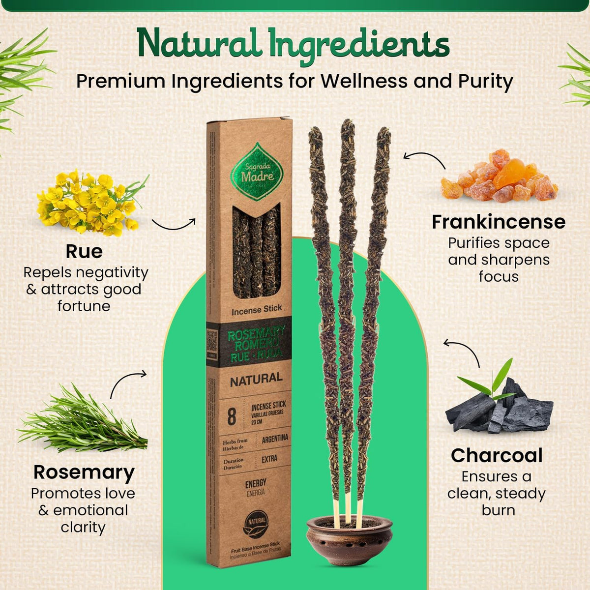 Sagrada Madre Natural Rue Rosemary Frankincense Incense, 8 Sticks