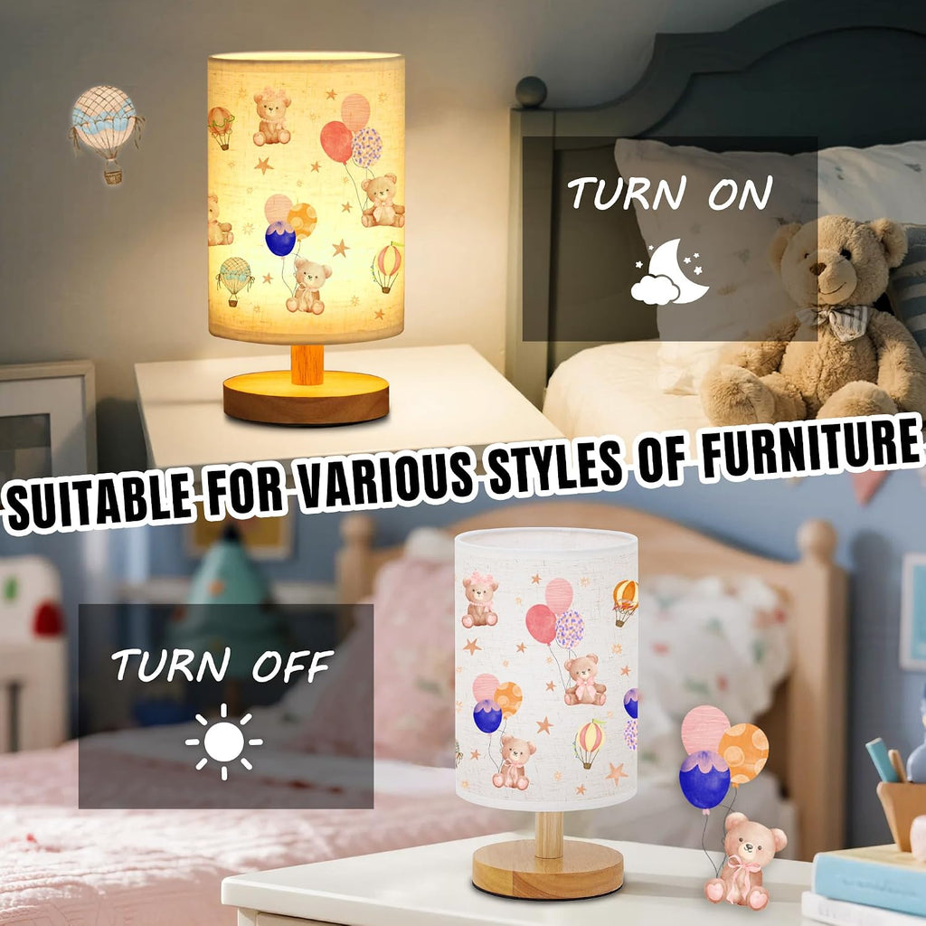 WSYEAR Bear Kids Table Lamp for Bedroom Kids Bedside Lamp with Linen Wooden Nightstand Cartoon Nursery Lampshade for Girls Boys Living Room