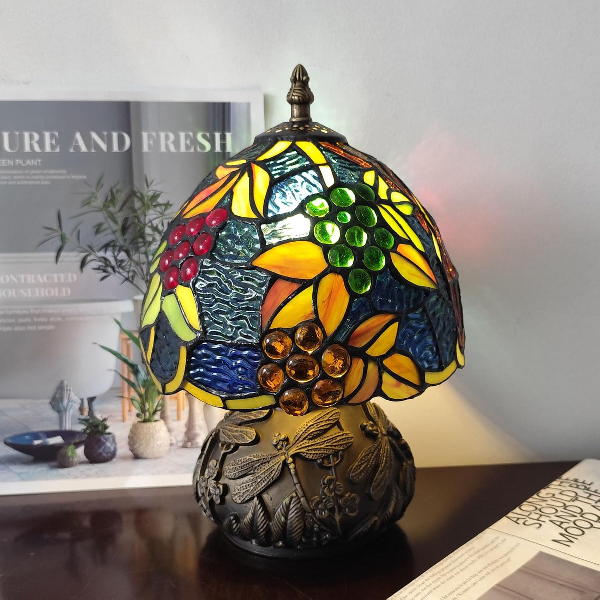 Tiffany Lamp Grapes Beads Stained Glass Style Bedside Reading Table Lamp Village Bedroom Nightstand Light 19inch Tall Office Home Decor Retro Unique Accent Light