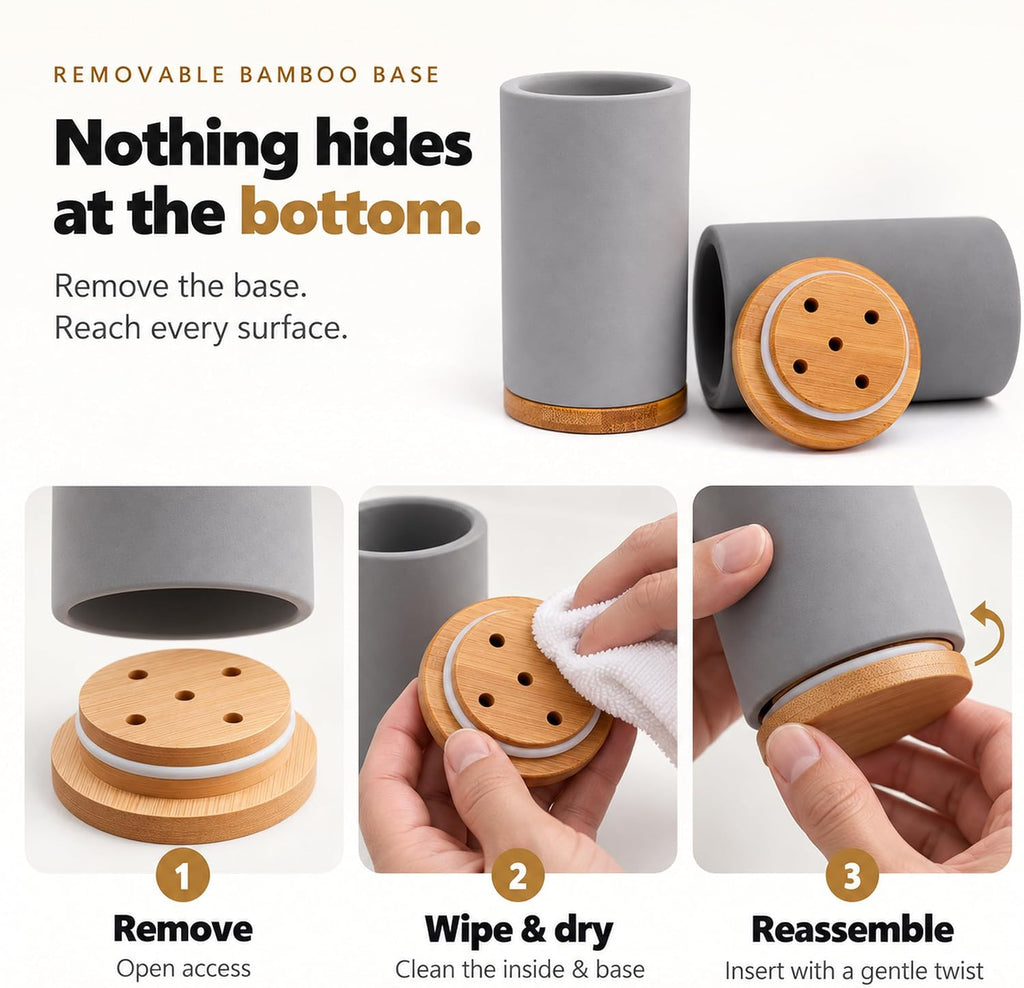 Matani Bamboo Toothbrush Holder Diatomite Tooth Brush Organizer - Storage Stand for Small Bathroom & Counter - Removable Base & Drain Holes, Water-Absorbent & Quick-Drying (Grey)