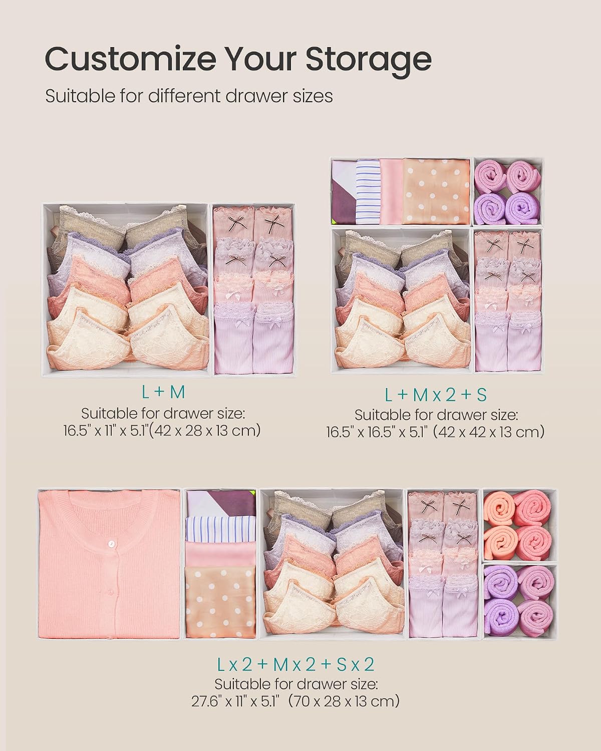 SONGMICS Drawer Organizers, Set of 18, Foldable Fabric Storage Boxes