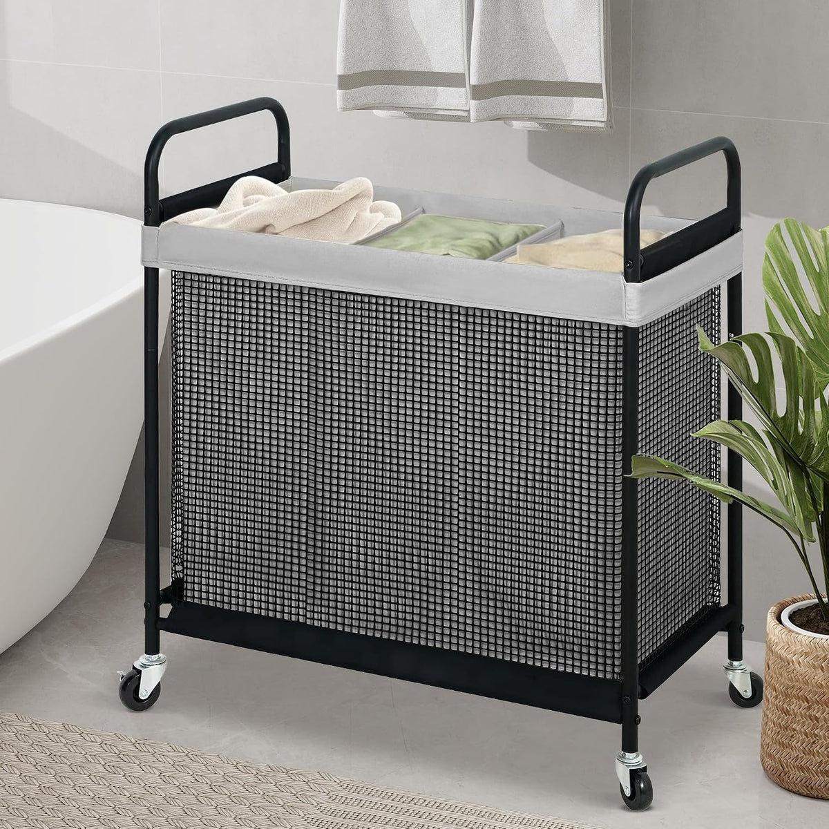 STO STO Laundry Hamper 3 Section, 120L Rolling Laundry Sorter Cart with Removable and Washable Liner Bag, Clothes Hamper with Wheels and Metal Handle for Laundry Room and Bedroom, Gray