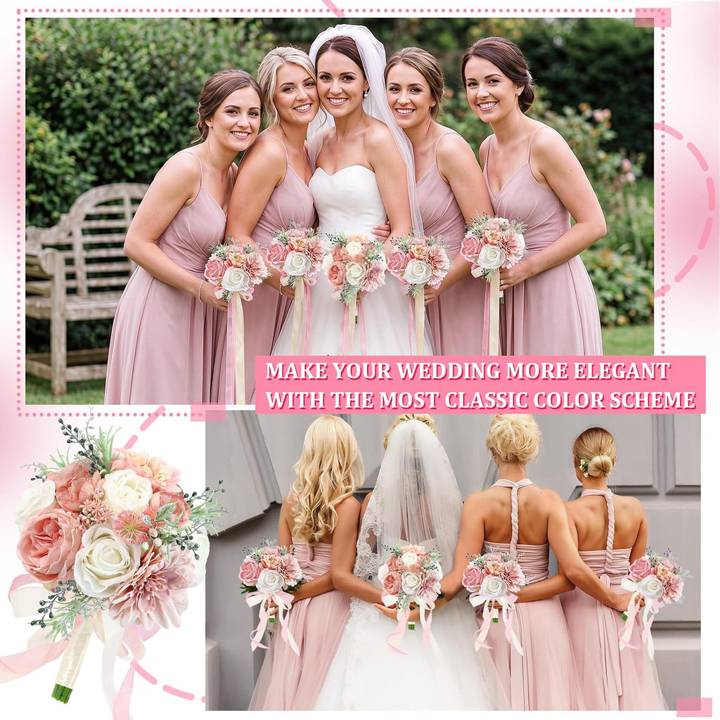 Wedding Bouquets for Bride Bridesmaid 8.5 Inch Dusty Pink Artificial Roses Flowers Bridal Bouquets for Bride Wedding Marriage Proposal Party Church Decoration