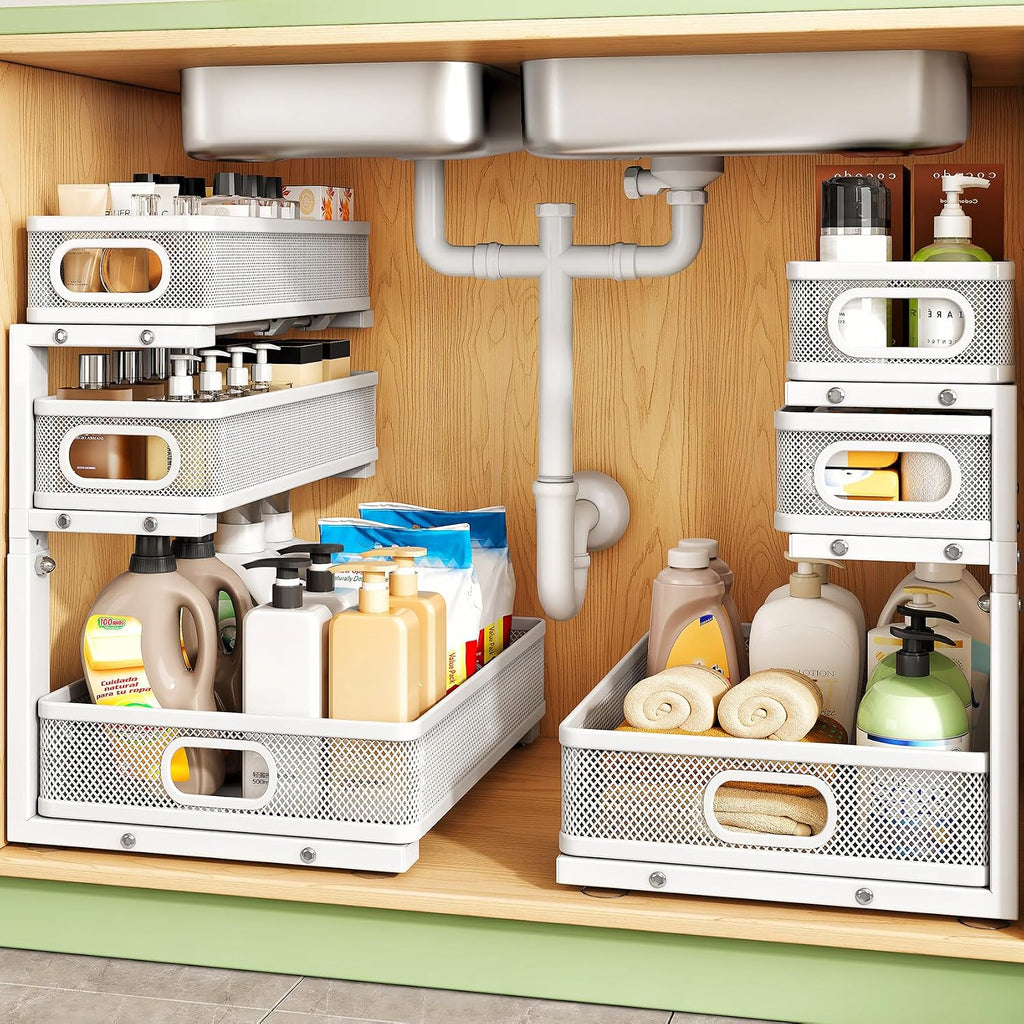 Kitstorack Under Sink Organizer, 1-Pack 3-Tier Height Adjustable Thickened Metal Pull out Cabinet Organizer Shelf, Slide out Storage Drawer Rack for Bathroom Kitchen Pantry Home Laundry Organization