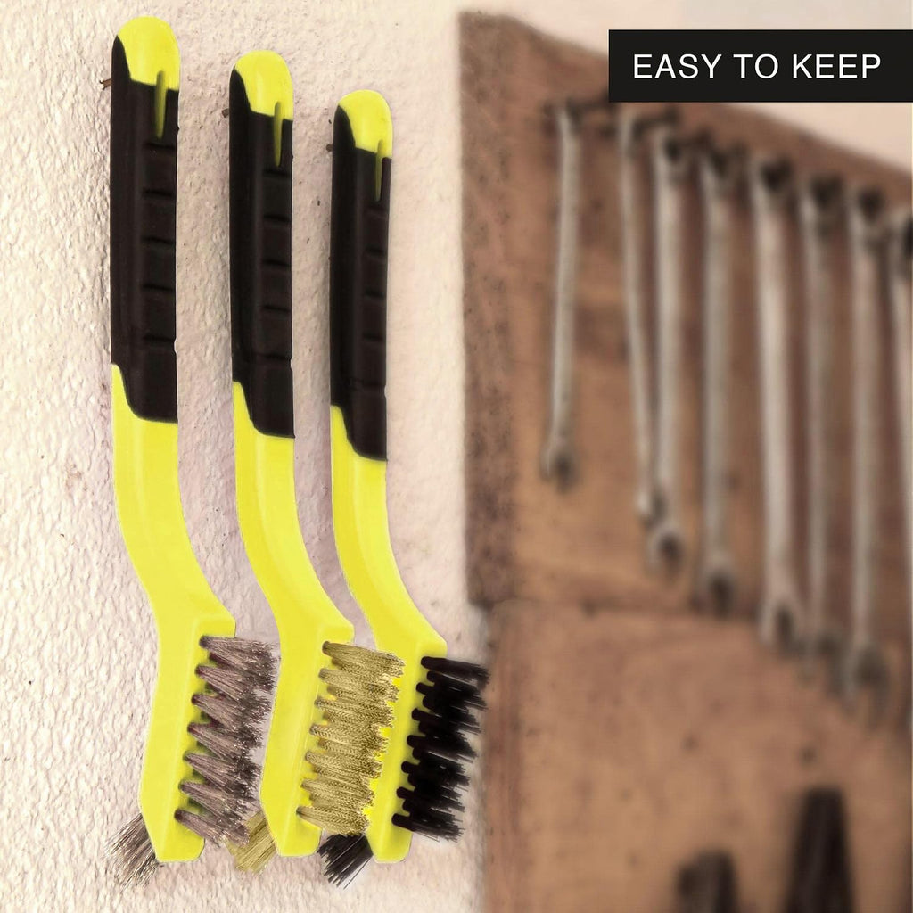Lavaxon Wire Brush Set 3Pcs - Nylon/Brass/Stainless Steel Bristles with Curved Handle Grip for Rust, Dirt & Paint Scrubbing with Deep Cleaning – 7 Inches (Yellow)