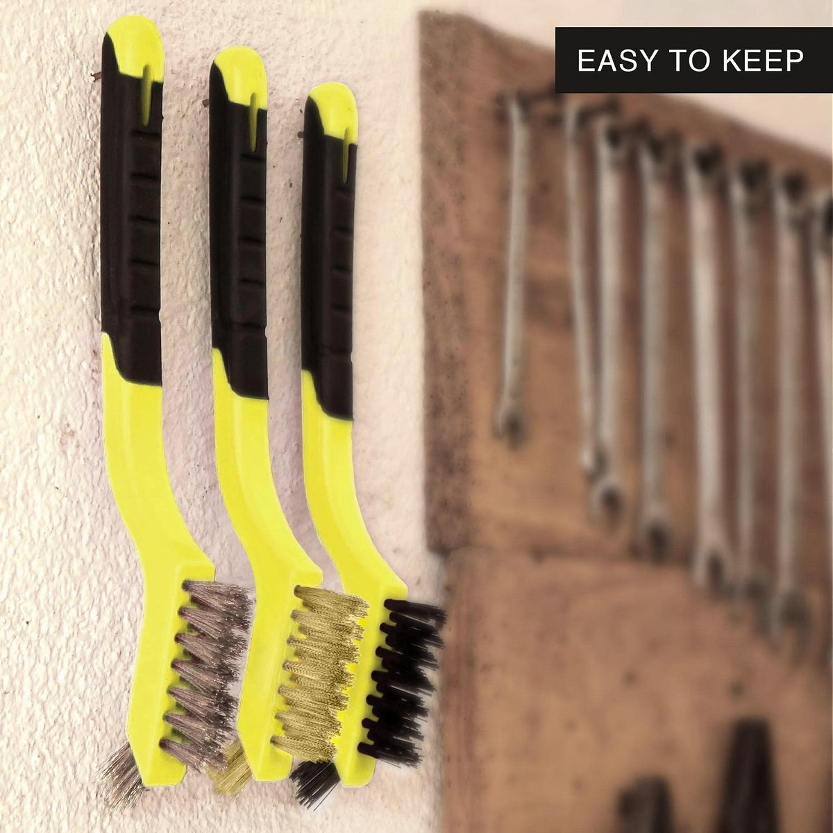 Lavaxon Wire Brush Set 3Pcs - Nylon/Brass/Stainless Steel Bristles with Curved Handle Grip for Rust, Dirt & Paint Scrubbing with Deep Cleaning – 7 Inches (Yellow)