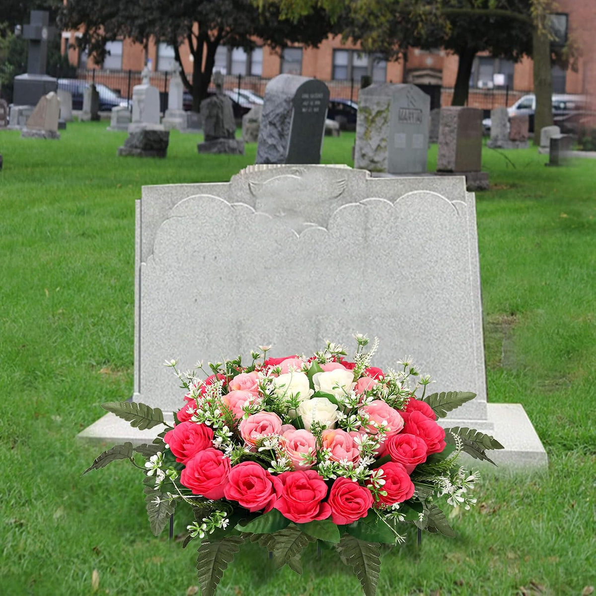 Lodou Artificial Cemetery Flowers,Silk Memorial Cake for Cemetery,Artificial Flower Centrepieces for Tables,Artificial Rose Graveyard Memorial Flowers for Headstones Decoration (Pink)