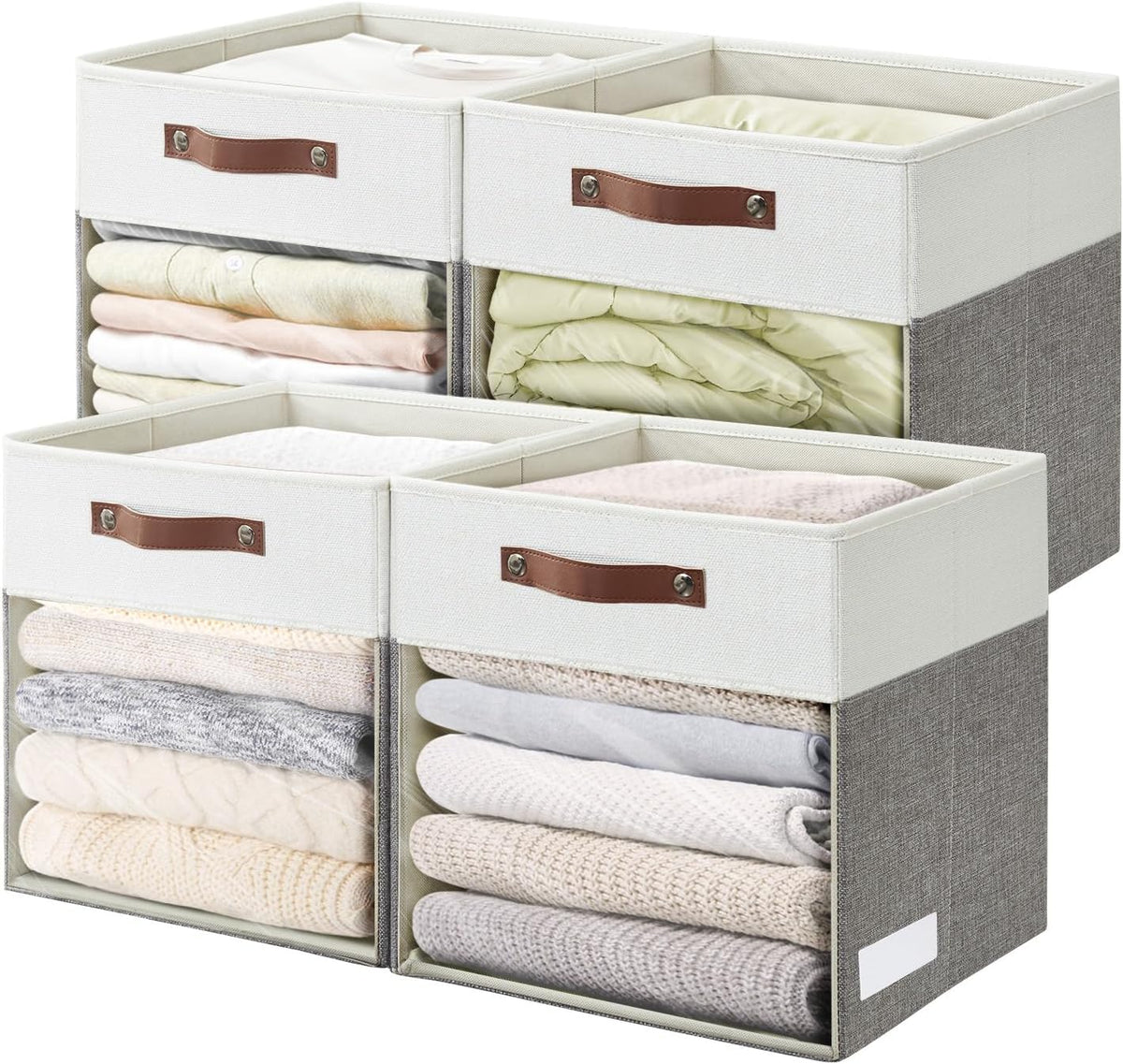 Bagnizer Storage Cubes, 4 Pack Linen Foldable Storage Bins (13 x 13 inch) with Clear Window and 2 Handles, Closet Organizers and Storage for Shelf Closet, Clothes, Books - (Gray and White)