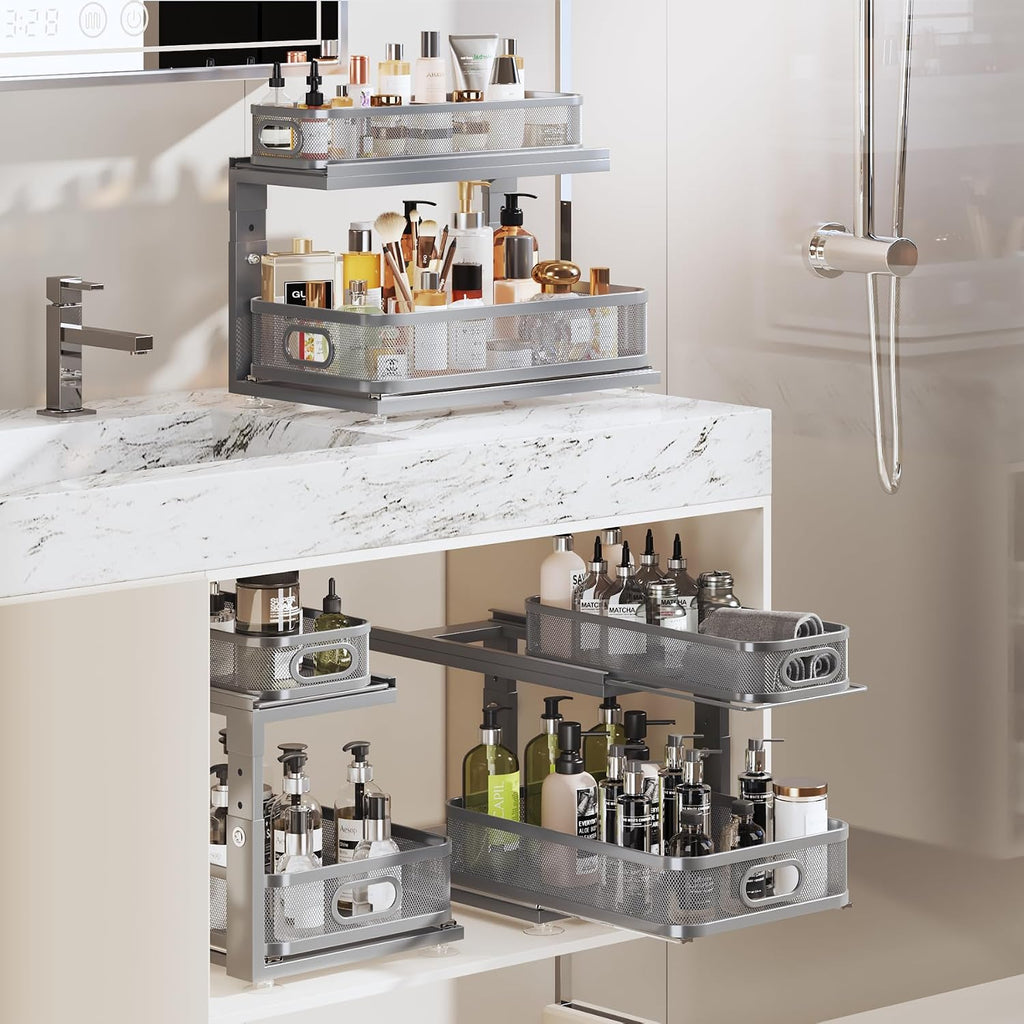 2 Pack 18.5IN-Depth Under Sink Organizer With Next-Gen Ball-Bearing Slides,2-Tier Precision Mesh Pull Out Cabinet Storage for Bathroom&Kitchen,Height Adjustable Drawers Shelf,Anti-rust-Grey