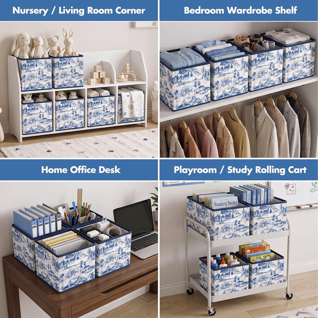 SiliFine 6 Pcs Blue Toile French Country Cube Storage Bins, 11 Inch