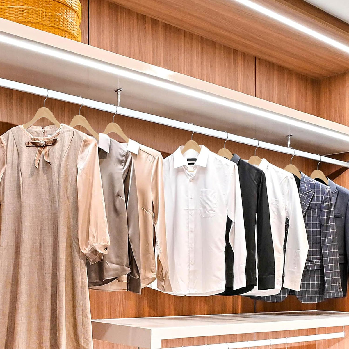 Quality Hangers 16.5" Wooden Hangers Multi Pack, Ultra Thin Space Saving Natural, 360 Degree Swivel Hook, Best for Shirts, Blouses, Pant, Suit, Coat, Dress Hangers Natural (20, Natural, With Pant Bar)