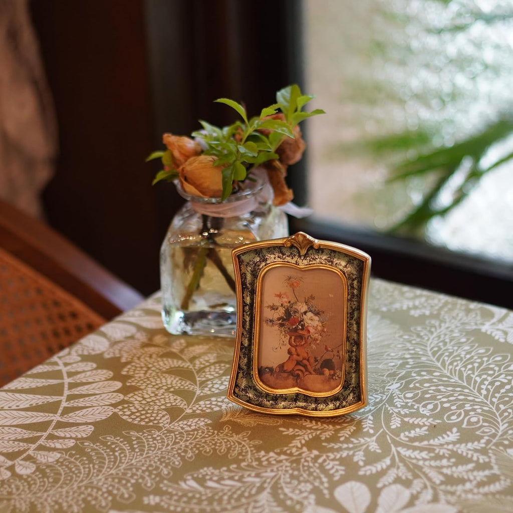 Vintage Picture Frame 2.5x3.5 Antique Ornate Photo Frame Tabletop and Wall Hanging, Decorative Retro Design Home Decor, Old-Fashioned Photo Gallery Art, Moss Agate Green