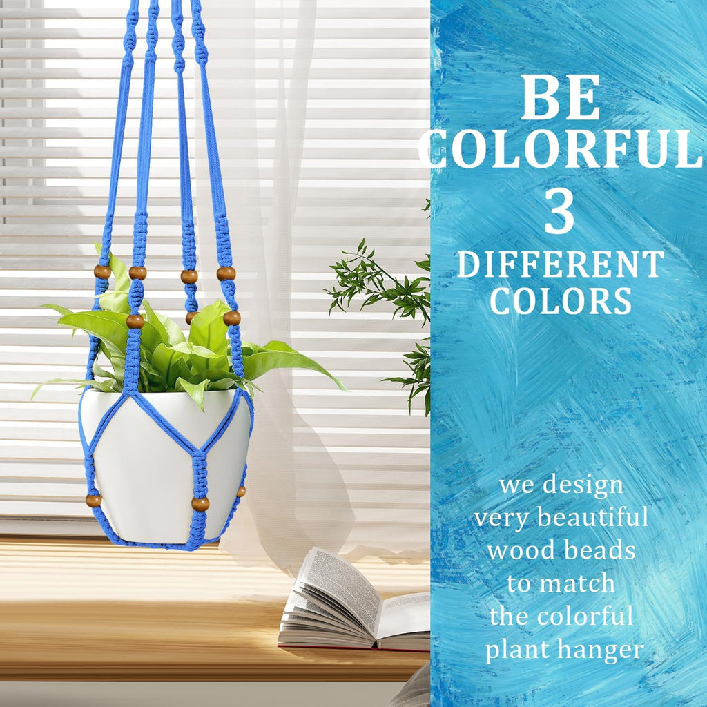 3 Pcs 35 Inch Macrame Plant Hanger Flower Pot Hanging Plant Holder No Tassels Decorative Hanging Planter Basket with Wood Beads for Indoor Outdoor Home Decor (Blue)