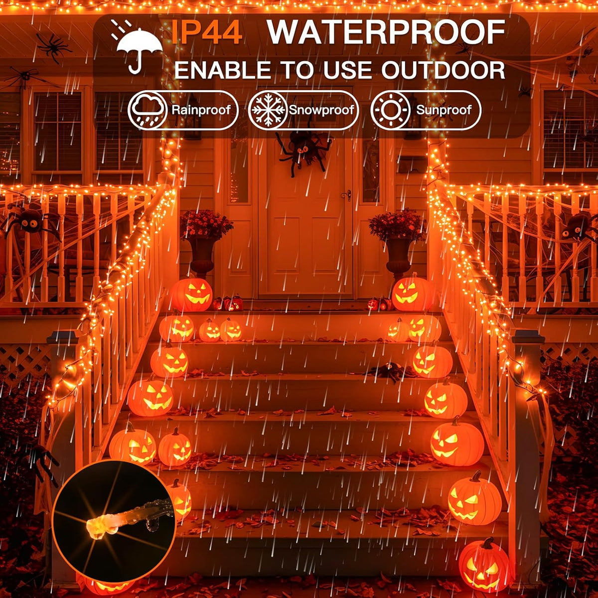 suddus Orange Halloween Lights Outdoor with Remote, 66ft 200 LED Connectable Waterproof String Lights Plug in, Dimmable Clear Wire Fairy Lights for Fall, Thanksgiving, Dorm, Party, Garden, Porch Decor