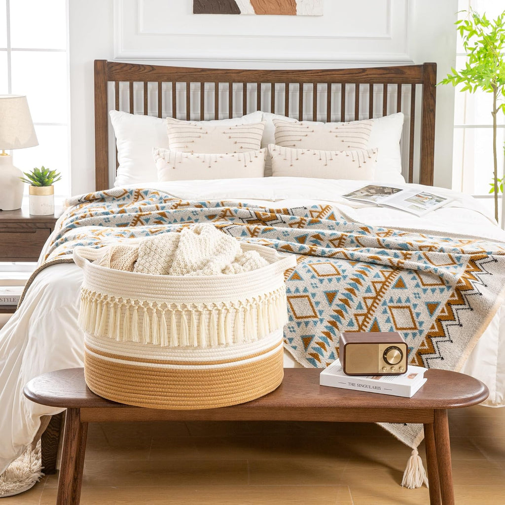KAKAMAY Large Blanket Basket with Handles, Storage Basket for Living Room