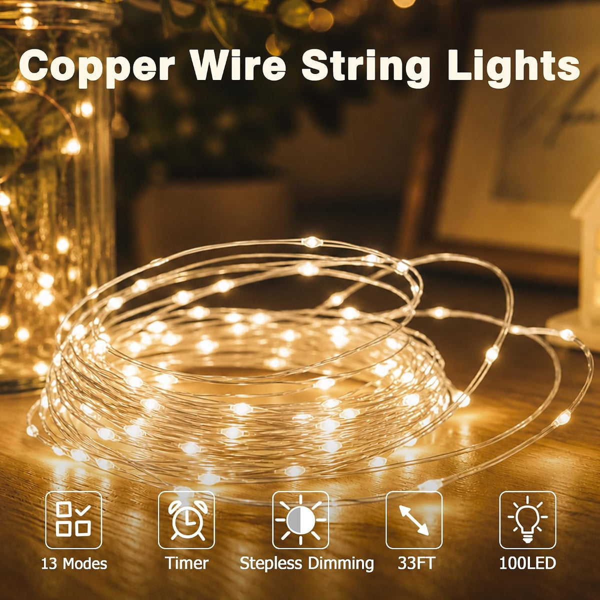 33FT 100 LED Plug in Fairy Lights with 13 Modes & Timer, Warm White