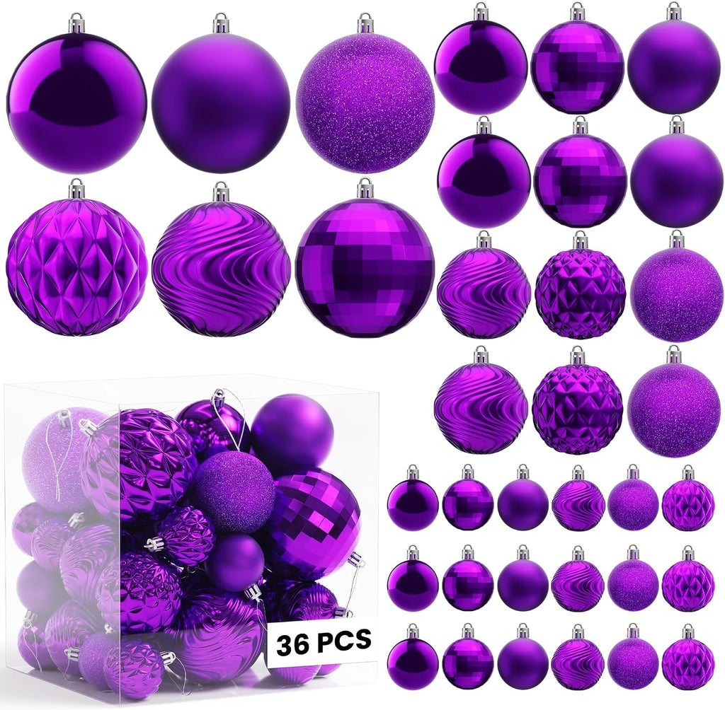 Annecy Christmas Tree Ornaments - 36 PCS Shatterproof Christmas Ball Ornaments Set for Holiday, Wreath & Party Decorations (Multi-Size, Purple)