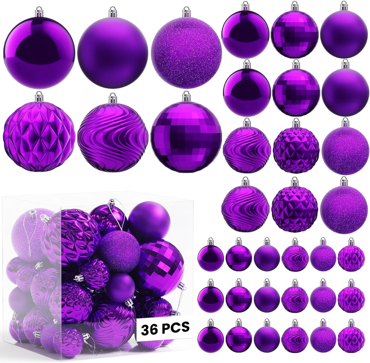 Annecy Christmas Tree Ornaments - 36 PCS Shatterproof Christmas Ball Ornaments Set for Holiday, Wreath & Party Decorations (Multi-Size, Purple)