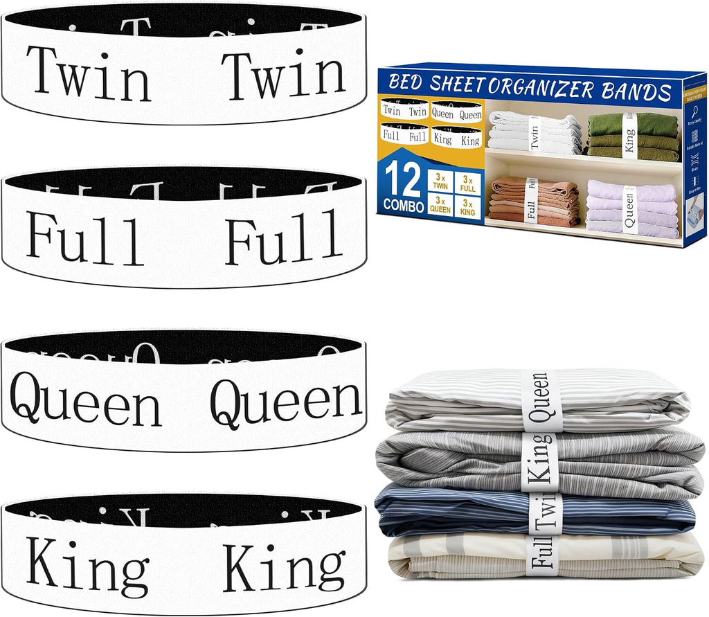 12 Pack Bed Sheet Organizer Bands, Mixed Size Label Straps for Linen Closet Organizers and Storage