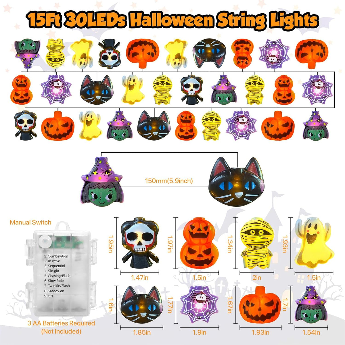 Halloween LED String Lights, 15Ft 30 LED, Battery Powered