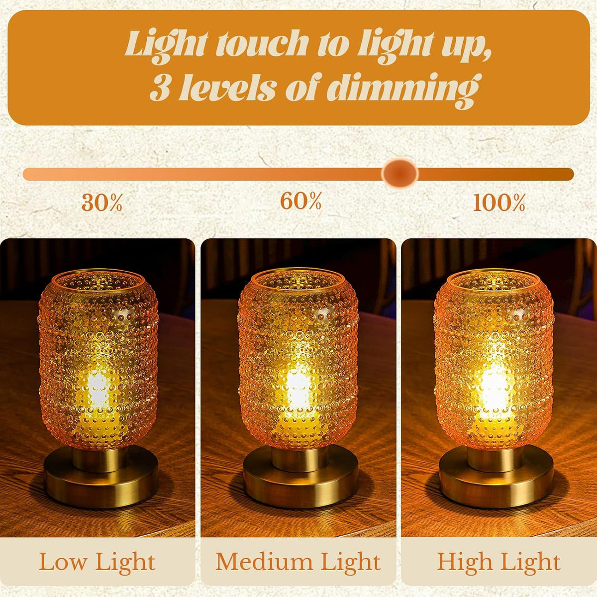 ZYER 8.9in Amber Table Lamp, Touch Control Lamp, Small Vintage Lamp