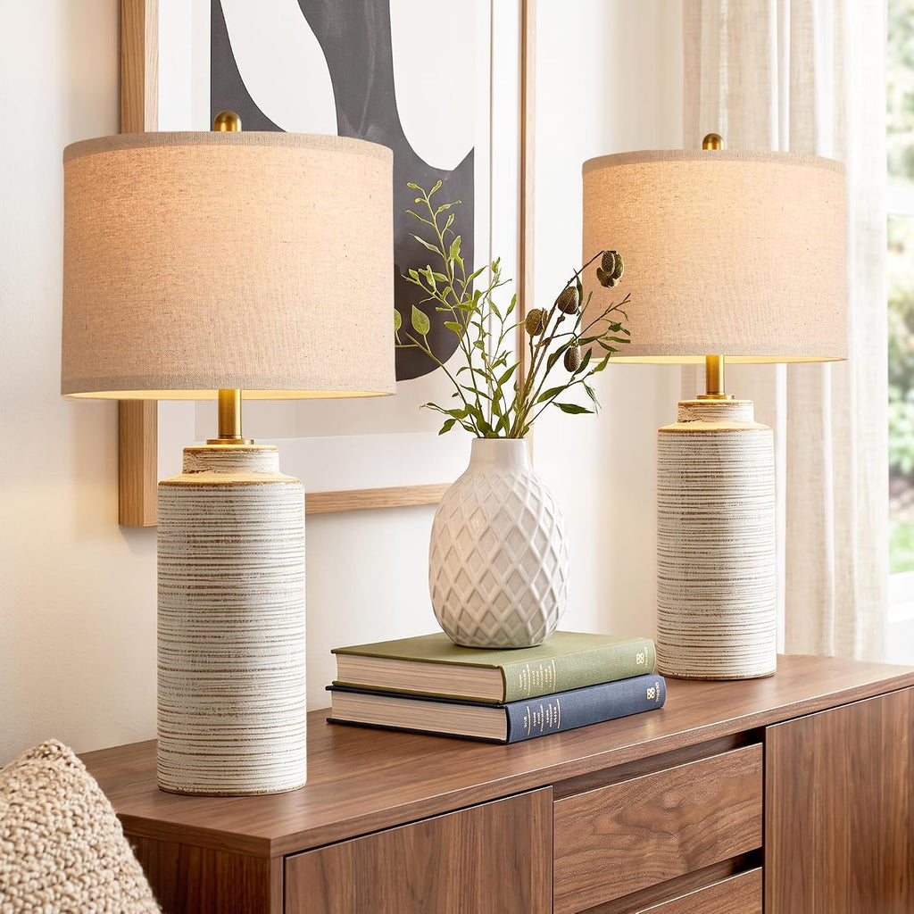 PARTPHONER 27" Vintage Ceramic Table Lamp Set of 2, Farmhouse Bedside Lamps with Ribbed Textured Finish, Rustic Nightstand Lamps for Living Room Bedroom End Tables Home Decor
