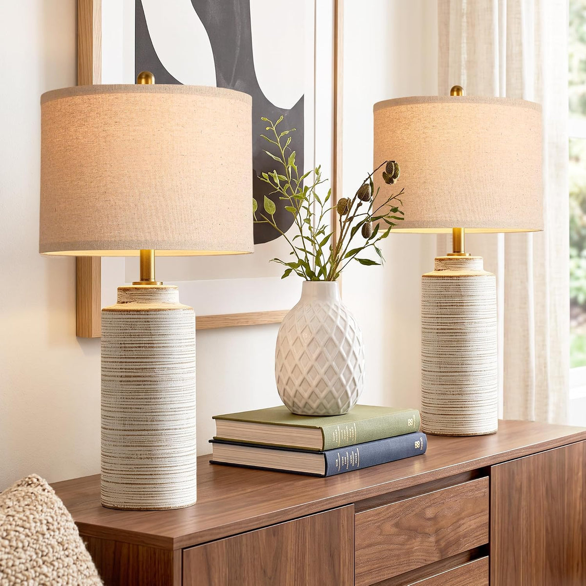 PARTPHONER 27" Vintage Ceramic Table Lamp Set of 2, Farmhouse Bedside Lamps with Ribbed Textured Finish, Rustic Nightstand Lamps for Living Room Bedroom End Tables Home Decor