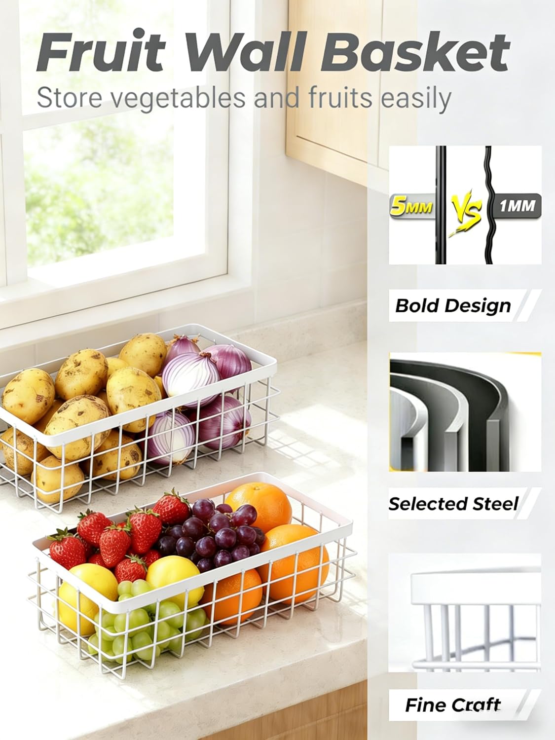 2 PCS Adhesive Wire Wall Baskets, Hanging Small Storage Organizer, White